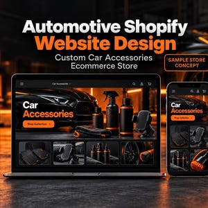 Puede incluir: Un ordenador portátil y un smartphone muestran el diseño de una web Shopify para una tienda de accesorios de coche. Las pantallas presentan imágenes de productos de limpieza y soportes para móviles con detalles en naranja.