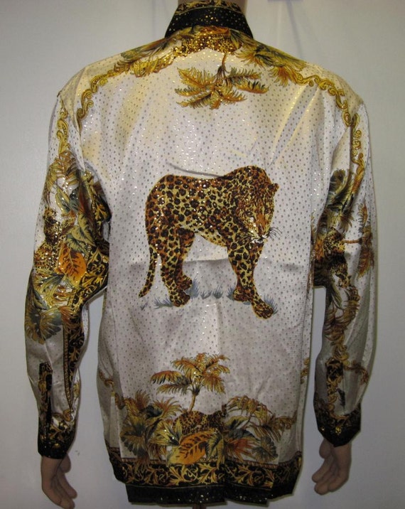Vintage 90s LEOPARD Style Mens metallic Silk Shir… - image 1