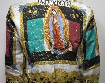 Vintage 90's Baroque Bomber Silk Jacket Our Lady of GUADALUPE & Mexican Flag ,100% Metallic Silk,Religious Style inspired Mens Size S,M