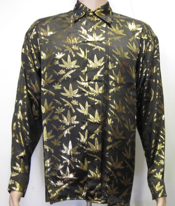Vintage 1990's Baroque style Shirt Silk Marijuana… - image 1