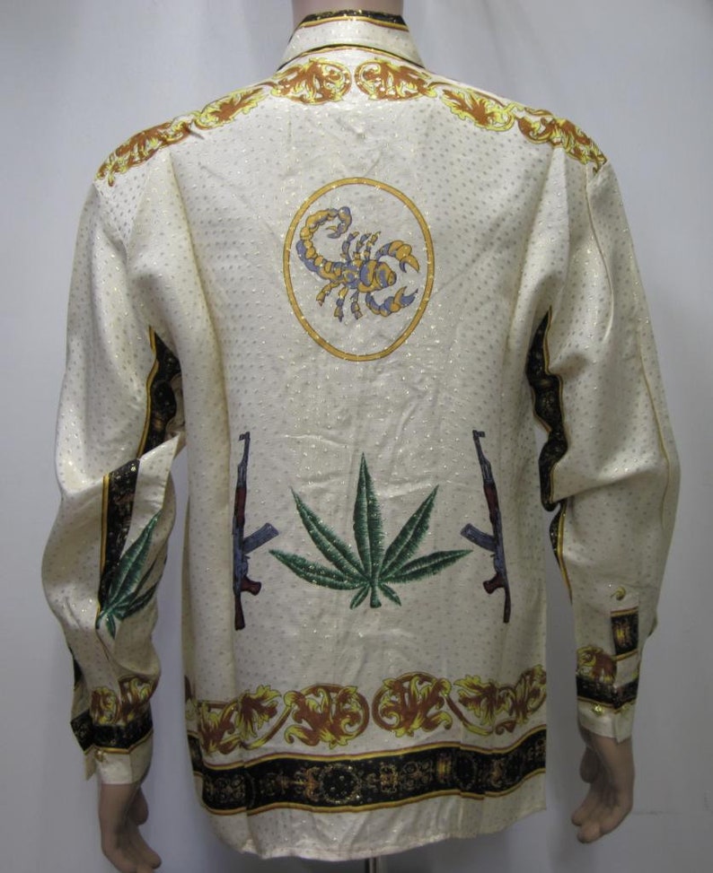 Vintage 90's Baroque style Cannabis Leaf Shirt Silk White/Gold ,100% Metallic Silk , Marijuana Scorpion Style inspired,size M,L image 3