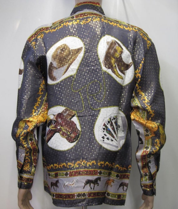 Vintage 1990's Silk Shirt Green Cowboy and Horses… - image 1