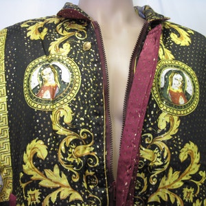 Vintage 90s Baroque Silk Bomber Jacket Style Our Lady of GUADALUPE Virgin Maria multicolored ,Gold,Blk,Oxblood, size Small image 5