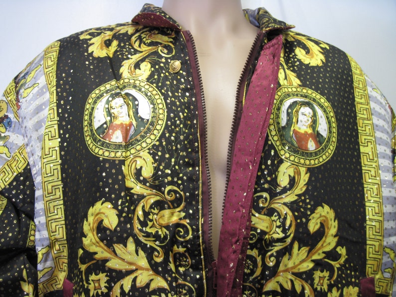 Vintage 90s Baroque Silk Bomber Jacket Style Our Lady of GUADALUPE Virgin Maria multicolored ,Gold,Blk,Oxblood, size Small image 5