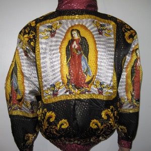 Vintage 90s Baroque Silk Bomber Jacket Style Our Lady of GUADALUPE Virgin Maria multicolored ,Gold,Blk,Oxblood, size Small image 1