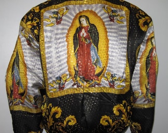 Vintage 90s Baroque Silk Bomber Jacket Style Our Lady of GUADALUPE Virgin Maria multicolored ,Gold,Blk,Oxblood, size Small
