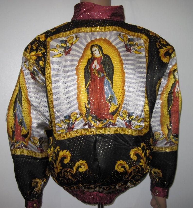 Vintage 90s Baroque Silk Bomber Jacket Style Our Lady of GUADALUPE Virgin Maria multicolored ,Gold,Blk,Oxblood, size Small image 1