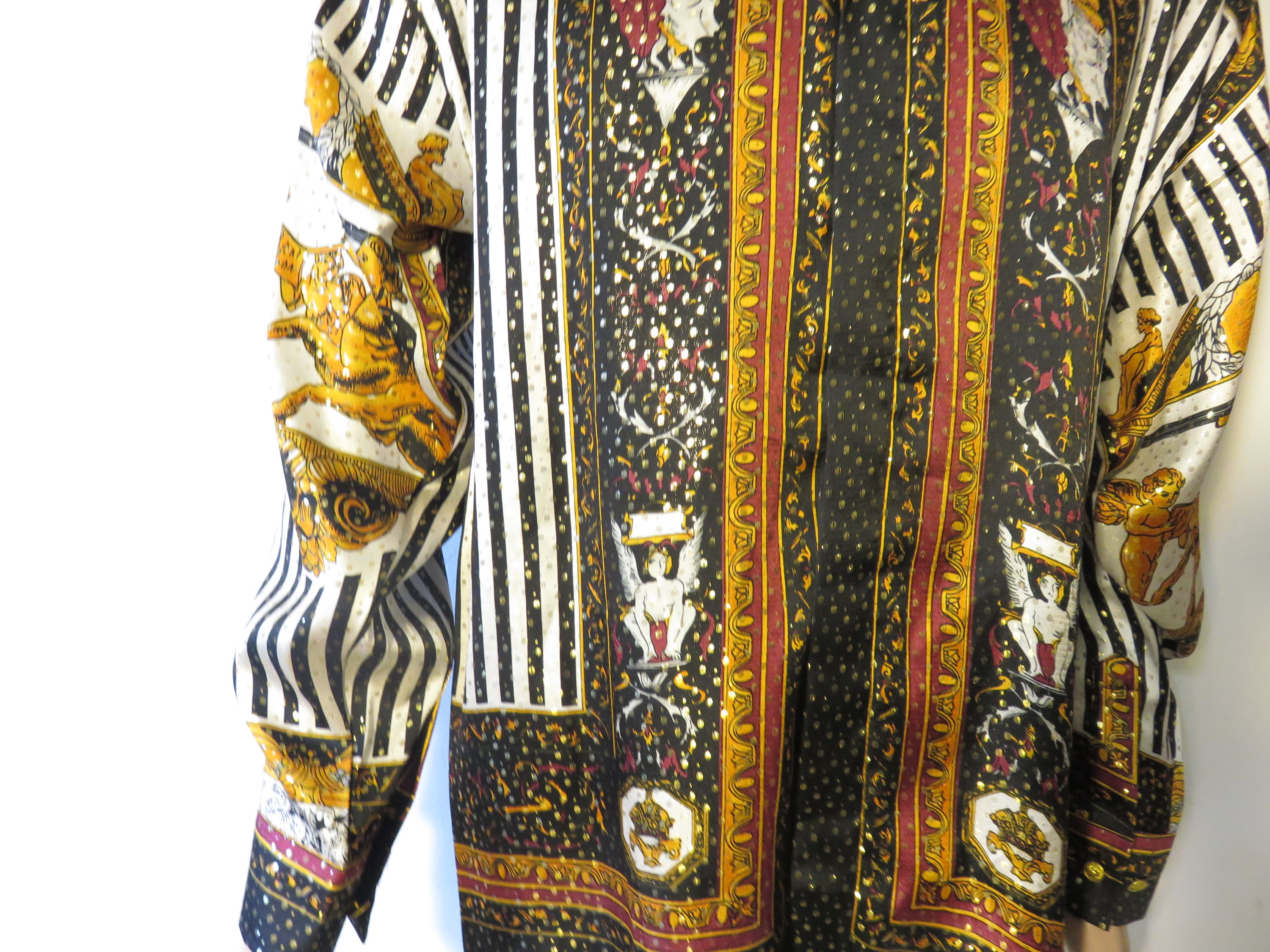 Chemise Vintage En Soie 100% Imprimée Motif Grec - Taille M Homme / L Femme, Unisexe