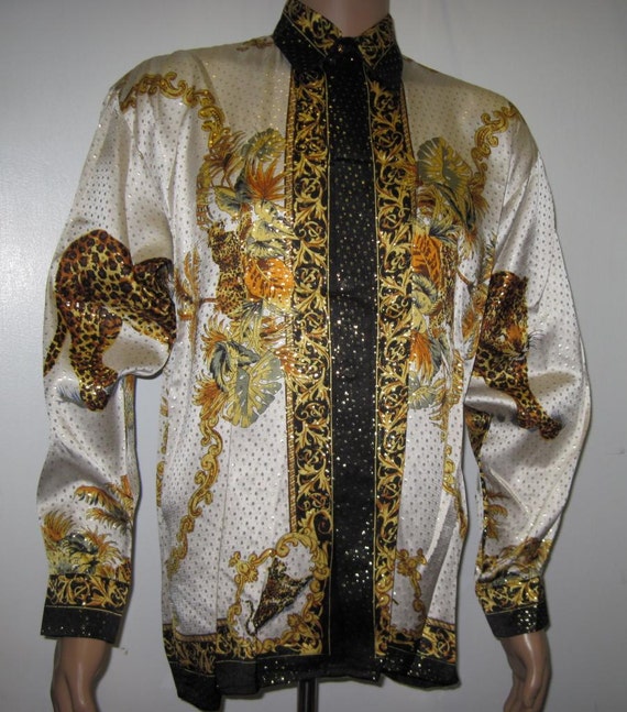 Vintage 90s LEOPARD Style Mens metallic Silk Shir… - image 2