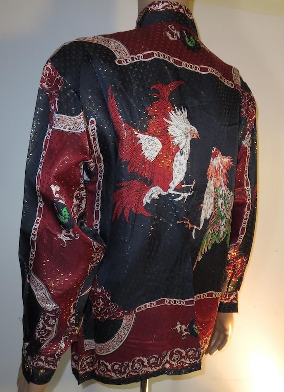 Cock Fighting Roosters Italian Inspired 1990 s Silk Shirt