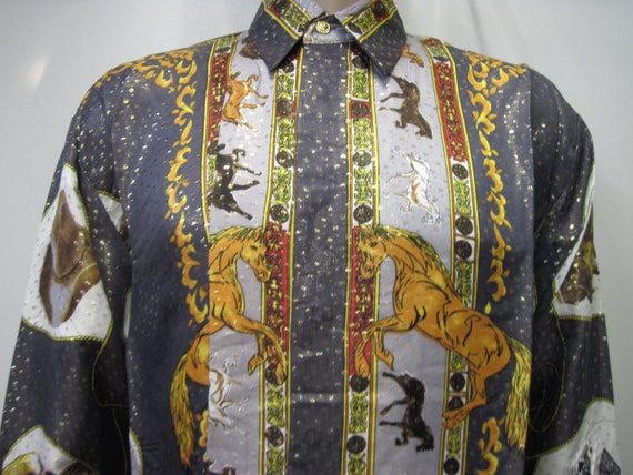 Vintage 1990's Silk Shirt Green Cowboy and Horses… - image 4