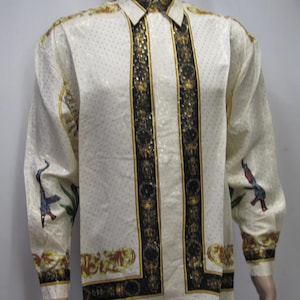 Vintage 90's Baroque style Cannabis Leaf Shirt Silk White/Gold ,100% Metallic Silk , Marijuana Scorpion Style inspired,size M,L image 2