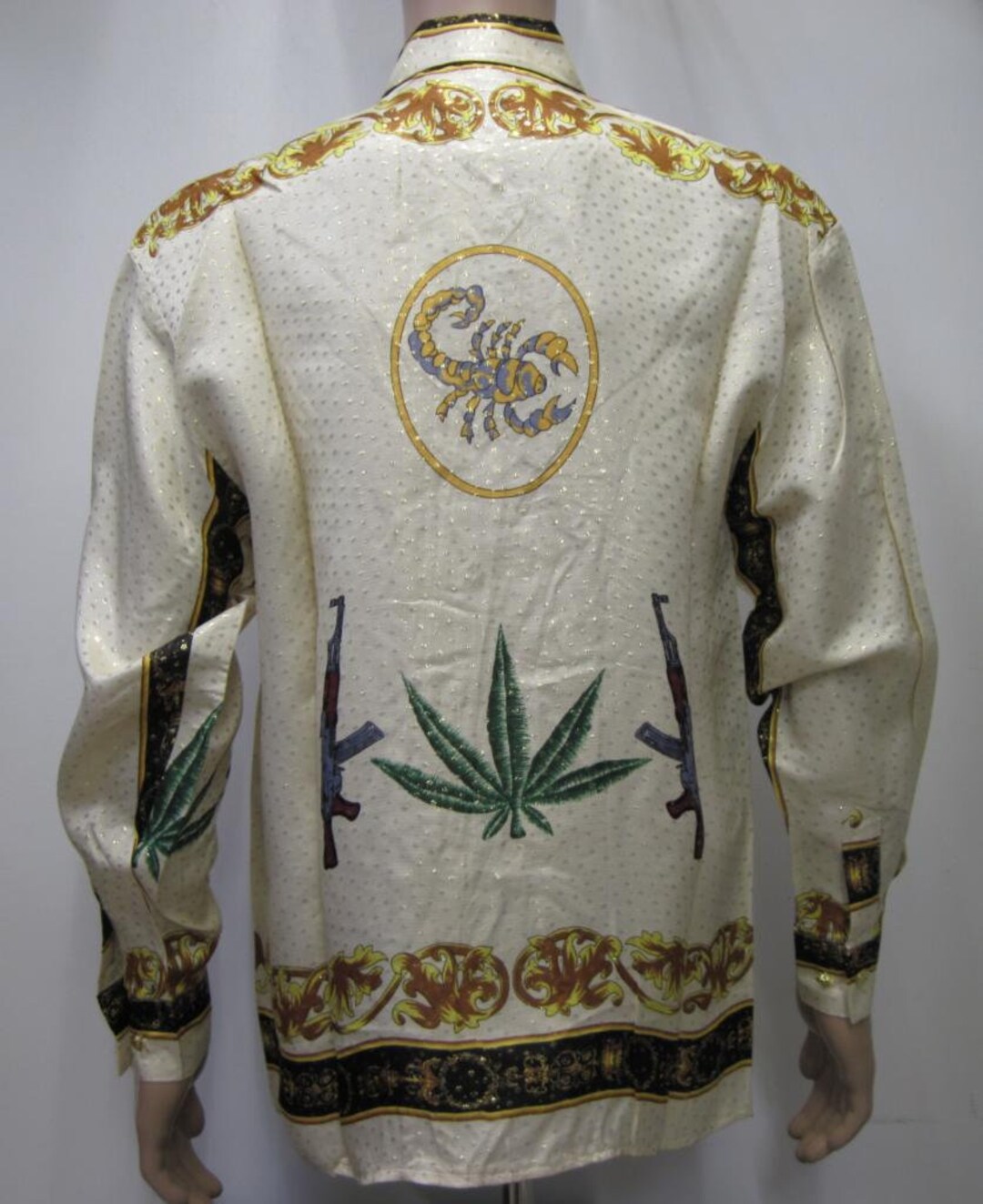 Vintage 90's Baroque Style Cannabis Leaf Shirt Silk White
