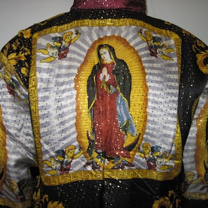 Vintage 90s Baroque Silk Bomber Jacket Style Our Lady of GUADALUPE Virgin Maria multicolored ,Gold,Blk,Oxblood, size Small image 3