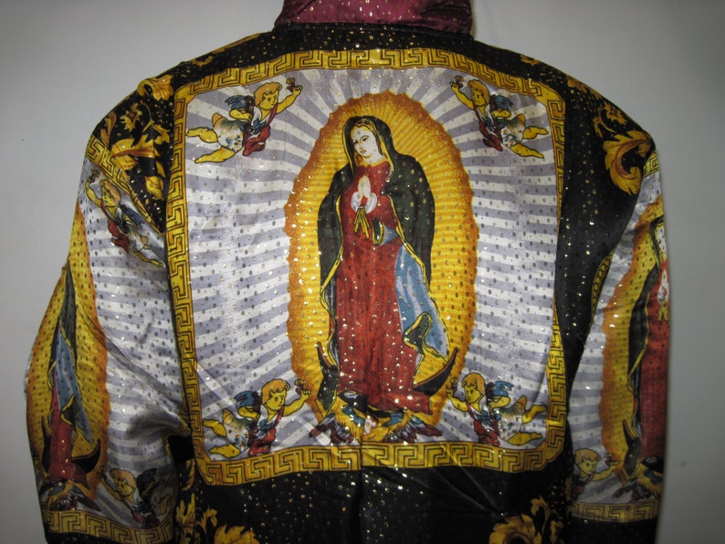 Vintage 90s Baroque Silk Bomber Jacket Style Our Lady of GUADALUPE Virgin Maria multicolored ,Gold,Blk,Oxblood, size Small image 3