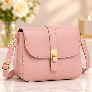 Bolsa transversal feminina em couro rosa, modelo sela, feita à mão, com fecho de pressão dourado, pequena bolsa rosa, ideal para presente.