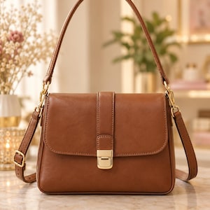 Bolsa de ombro feminina em couro marrom conhaque, modelo transversal com aba e fecho de pressão dourado, alça superior em tom bege, ideal para presentear.