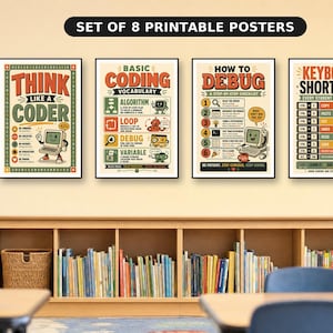 Conjunto de pôsteres para sala de aula de programação e informática, vocabulário e tabelas de depuração (conjunto de 8, download digital)