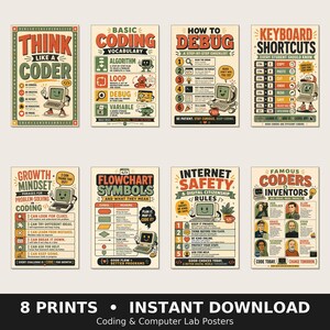Classroom Posters Printable Set of 8 Coding & Computer Lab Decor, Instant Download Printable Classroom Decor for Teachers