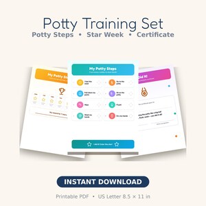May include: A potty training set featuring three printable documents: My Potty Steps, Star Week, and a certificate. The pages include colourful icons, text, and star charts for tracking progress. The set is formatted for 21.59 x 27.94 cm paper.