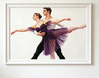 Puede incluir: Un cuadro enmarcado que representa a dos bailarines de ballet en una pose dinámica. Uno lleva un maillot morado oscuro con falda de tul superpuesta y mangas con volantes, mientras que el otro viste una camiseta blanca y pantalón negro.