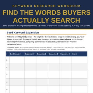 May include: A Keyword Research Workbook with a dark blue header featuring gold text that reads Keyword Research Workbook and Find the Words Buyers Actually Search. Below is a table for Seed Keyword Expansion with five rows.