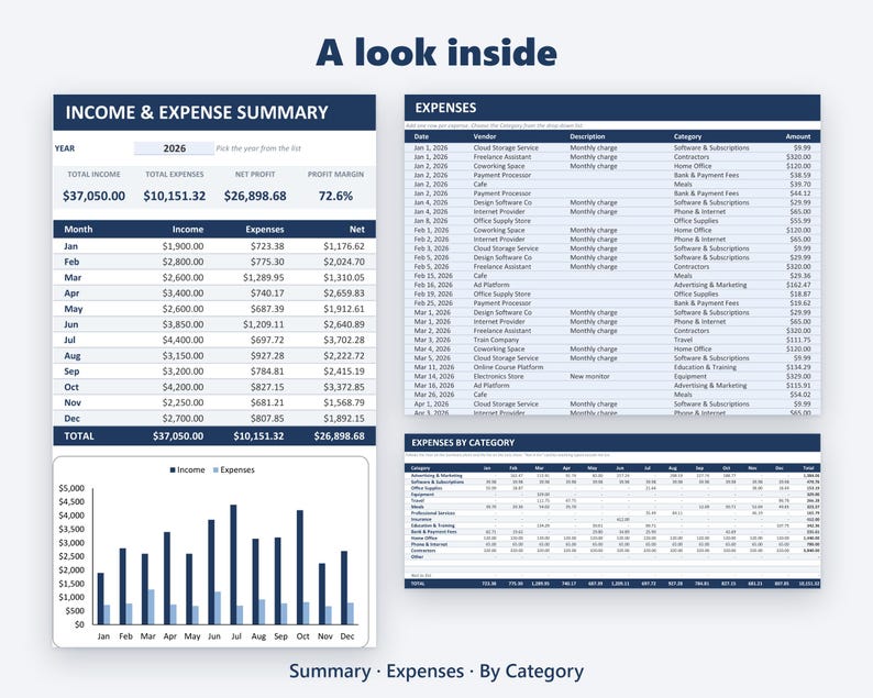 Income and Expense Tracker Excel | Freelancer Bookkeeping Spreadsheet | Monthly Summary ...