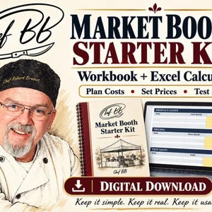 Op de afbeelding: Een digitale marktstand-starterkit met werkboek en Excel-calculator. De afbeelding bevat een schets van een chef-kok, een spiraalgebonden handleiding en een laptopscherm met tabellen voor kosten, prijzen en verkopen met de tekst Digital Download.