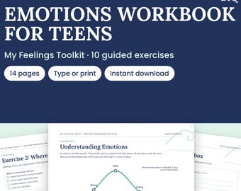 May include: A printable and fillable PDF emotions workbook for teens titled My Feelings Toolkit with 10 guided exercises across 14 pages. The document features a dark blue header and white pages with text, checkboxes, and a green wave graph.