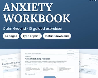 May include: A printable and fillable 14-page PDF anxiety workbook titled "Calm Ground" featuring 10 guided exercises. The document includes sections on understanding anxiety, an anxiety cycle diagram, and structured worksheets for tracking triggers.