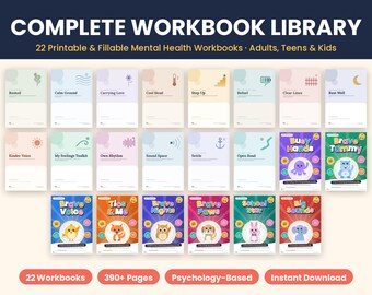 May include: A collection of 22 printable and fillable mental health workbooks for adults, teens, and kids. The set includes various covers with titles like Rooted, Calm Ground, Busy Hands, Brave Tummy, Brave Voice, and Big Sounds.