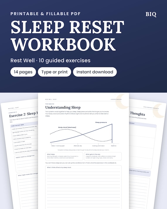 Sleep Workbook, Insomnia Worksheets, Sleep Diary & Bedtime Routine Planner, Printable Fillable PDF, Instant Download