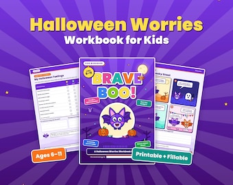 May include: A Halloween Worries Workbook for Kids titled Brave Boo! featuring a purple background with yellow star accents. The workbook includes pages for My Halloween Feelings and Spooky Street, with illustrations of a bat, pumpkins, and candy.