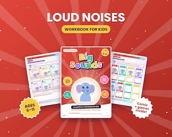 May include: A red workbook for kids titled Big Sounds with a blue elephant illustration on the cover. The workbook is flanked by two open pages showing comic strips and power cards. The text reads Loud Noises, Ages 6-11, and Comic + games inside.