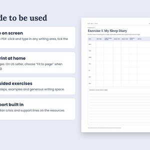 May include: A digital sleep diary template featuring the text Made to be used, Type on screen, Or print at home, 10 guided exercises, and Support built in. The document includes a table for daily tracking and a section for notes with a moon icon.