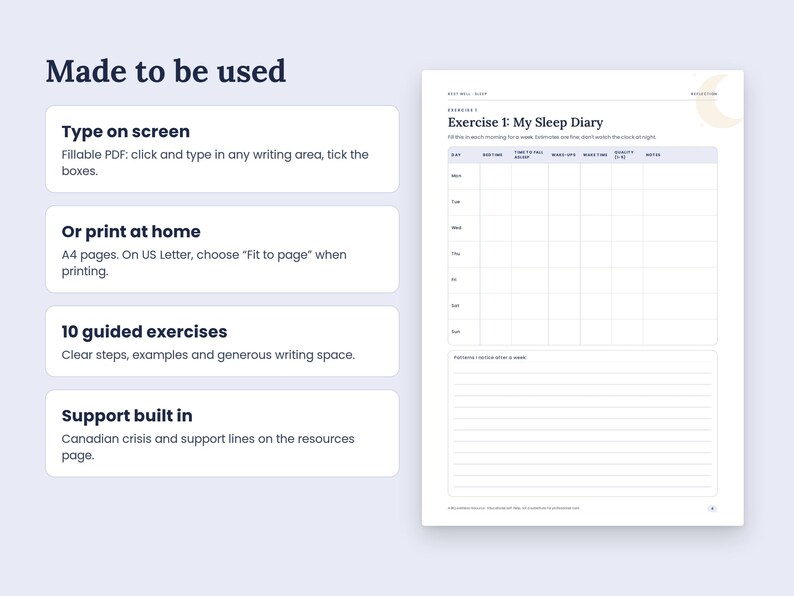 May include: A digital sleep diary template featuring the text Made to be used, Type on screen, Or print at home, 10 guided exercises, and Support built in. The document includes a table for daily tracking and a section for notes with a moon icon.