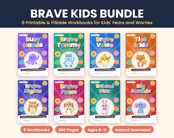 May include: A Brave Kids Bundle featuring 8 printable and fillable workbooks for kids' fears and worries. The covers display colorful illustrations of animals including an octopus, hippo, bird, fox, owl, dog, rabbit, and elephant with titles.