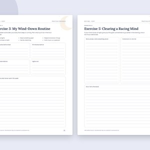May include: Two white printable pages featuring Exercise 3: My Wind-Down Routine and Exercise 5: Clearing a Racing Mind. Each page includes structured sections with lines for writing, headings, and small crescent moon graphics in the top corners.