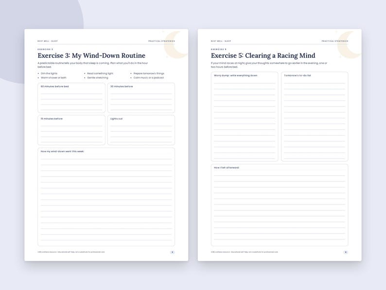 May include: Two white printable pages featuring Exercise 3: My Wind-Down Routine and Exercise 5: Clearing a Racing Mind. Each page includes structured sections with lines for writing, headings, and small crescent moon graphics in the top corners.