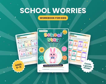 May include: A School Star workbook for kids aged 6-11, featuring a pink rabbit character on the cover. The set includes two open pages showing comic strips and power cards. The cover text reads School Star, A School Worries Workbook for Kids.