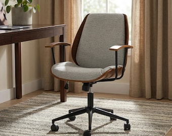 Mid-Century Modern Office Chair: Walnut Frame, Gray Upholstery, Swivel Desk Chair