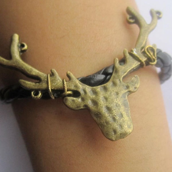 Bracelet--antique bronze elk bracelet & black leather chain