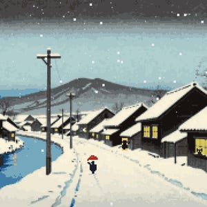 Könnte beinhalten: Eine Pixel-Art-Landschaft zeigt ein verschneites Dorf mit dunklen Holzhäusern entlang eines blauen Flusses. Eine kleine Figur mit einem roten Regenschirm geht auf dem verschneiten Weg unter einem dunklen Himmel mit fallenden Schneeflocken.