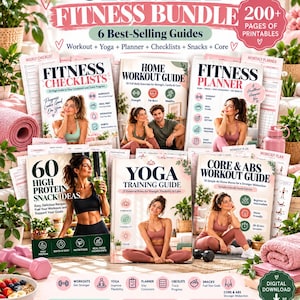May include: A digital fitness bundle featuring six guides titled Ultimate Fitness Bundle, Fitness Checklists, Home Workout Guide, Fitness Planner, 60 High Protein Snack Ideas, Yoga Training Guide, and Core & Abs Workout Guide with 200+ pages of printables.