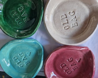 OLD BAG or Rest Here Logo Tea bag Saucers. CERAMIC New colours available!Each one is handmade in my studio.p&p included.