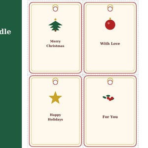 May include: A digital Christmas Gift Tag Bundle featuring 24 printable gift tags. The layout includes instructions and four rectangular tags with cream backgrounds, red borders, and festive icons like a tree, ornament, star, and holly berries.