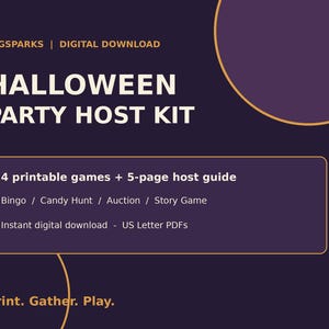 Può includere: Una grafica per il download digitale color viola scuro intitolata Halloween Party Host Kit di EEGSPARKS. Include 4 giochi stampabili: Bingo, Candy Hunt, Auction e Story Game, oltre a una guida per l'ospite di 5 pagine in formato PDF US Letter.
