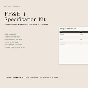 Puede incluir: Un kit de especificaciones y FF&E para diseñadores de interiores con un libro de Excel editable y hojas de especificaciones imprimibles. Incluye un panel de control de proyectos, cronograma, seguimiento de compras y directorio de proveedores.