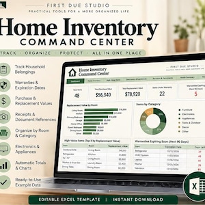 May include: A laptop screen displaying a Home Inventory Command Center Excel template. The dashboard features charts, tables for high-value items, warranty expiration dates, and category breakdowns. Text includes First Due Studio and Track, Organize, Protect.