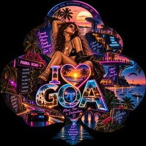 May include: A vibrant graphic design featuring a person, a sunset beach scene, and the text I LOVE GOA. The image includes neon signs, palm trees, a sports car, and various phrases like SAME SEA DIFFERENT STORY and EAT PARTY EXPLORE REPEAT.
